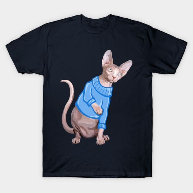 Cute Sphynx Cat with Blue Knit Sweater T-Shirt by Art by Deborah Camp